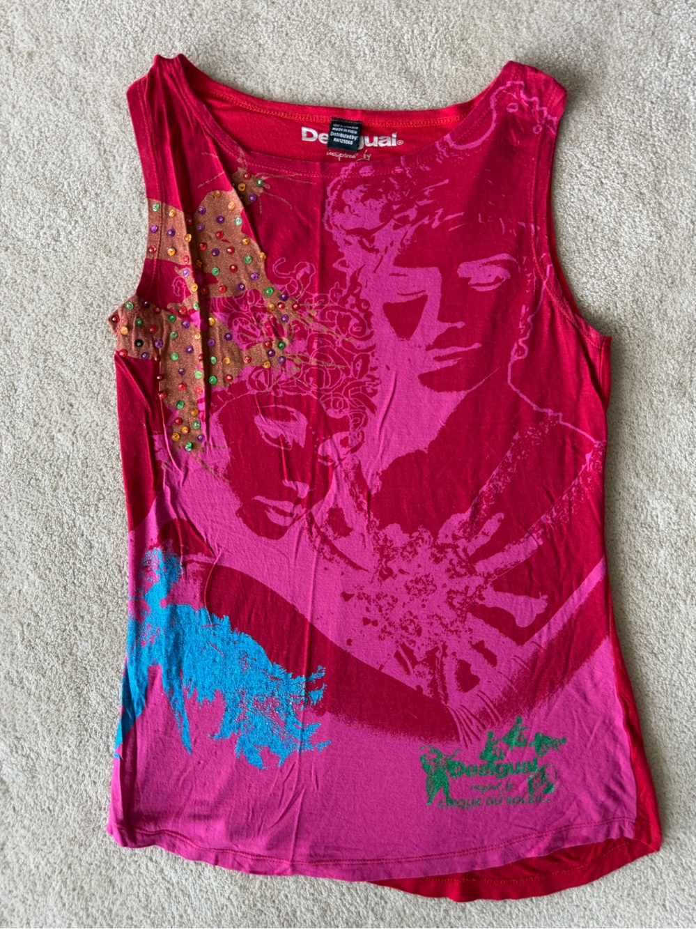 Desigual Cirque Du Soleil Pink Red Graphic Beaded Tank Top